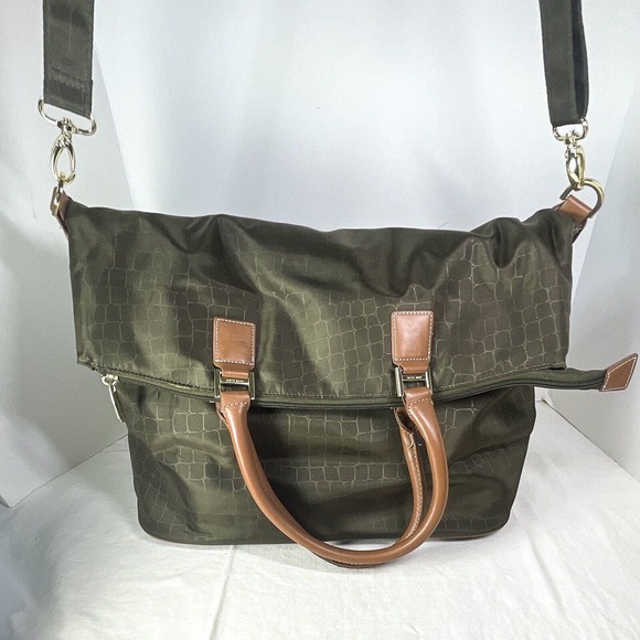 Ann Klein Weekend Bag olive green croc pattern nylon 14" tall 21" long 9" deep - Picture 1 of 11